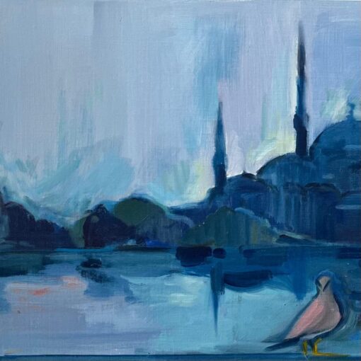 Original Oil Painting of Istanbul’s Blue Mosque with Reflection and Bird - Image 7