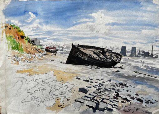 Beached Fishing Boat on Mersey Estuary Industrial Lancashire Landscape