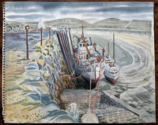 Shetland Harbour Fishing Boats at Low Tide by British Artist John Steane - Image 2