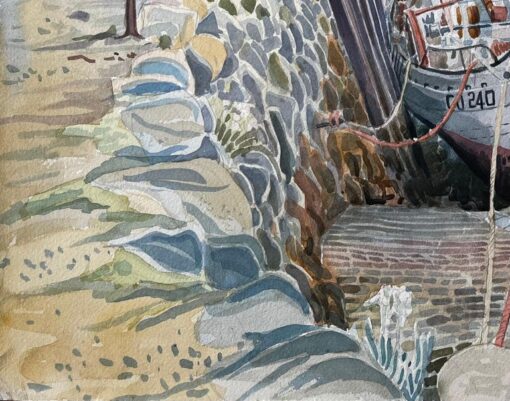 Shetland Harbour Fishing Boats at Low Tide by British Artist John Steane - Image 5