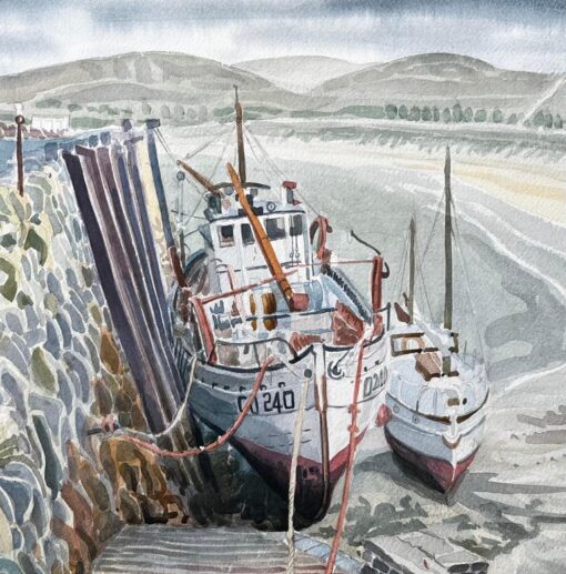 Shetland Harbour Fishing Boats at Low Tide by British Artist John Steane - Image 6