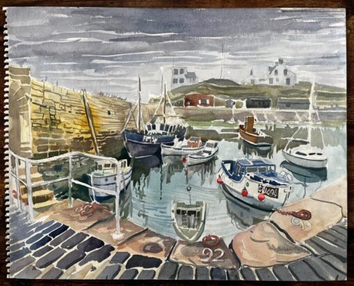 Gretan Harbour Scene with Fishing Boats Reflections and Stone Quay 1974 - Image 2