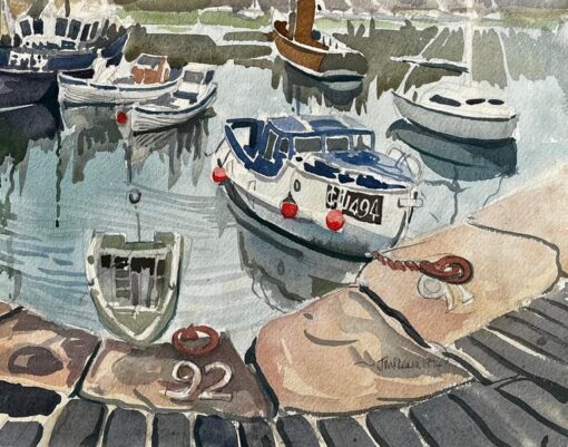 Gretan Harbour Scene with Fishing Boats Reflections and Stone Quay 1974 - Image 3
