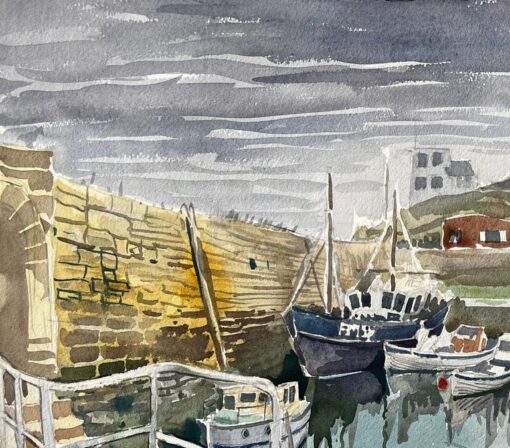 Gretan Harbour Scene with Fishing Boats Reflections and Stone Quay 1974 - Image 5