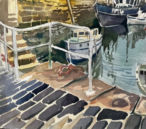 Gretan Harbour Scene with Fishing Boats Reflections and Stone Quay 1974 - Image 6