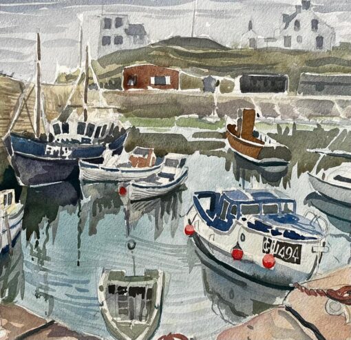 Gretan Harbour Scene with Fishing Boats Reflections and Stone Quay 1974 - Image 7