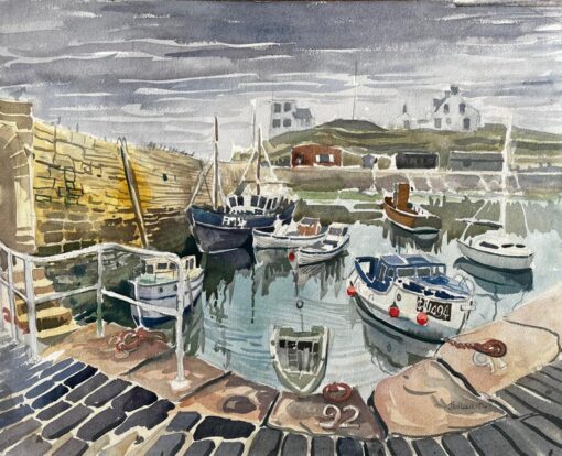 Gretan Harbour Scene with Fishing Boats Reflections and Stone Quay 1974