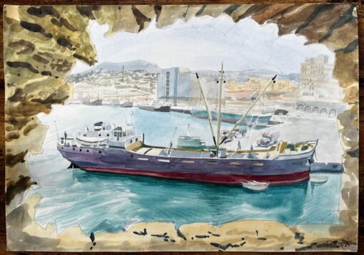 Heraklion Harbour Crete Ship Milos Greek Port Scene Signed 1967 Watercolour - Image 2