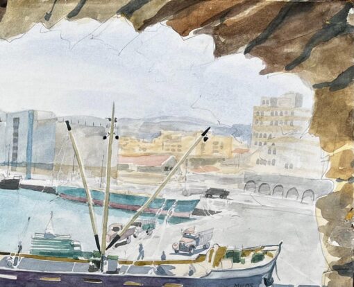 Heraklion Harbour Crete Ship Milos Greek Port Scene Signed 1967 Watercolour - Image 4