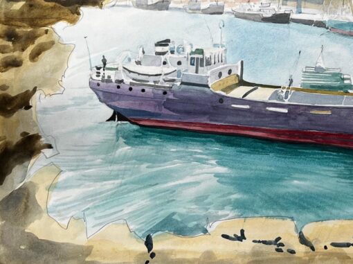 Heraklion Harbour Crete Ship Milos Greek Port Scene Signed 1967 Watercolour - Image 5