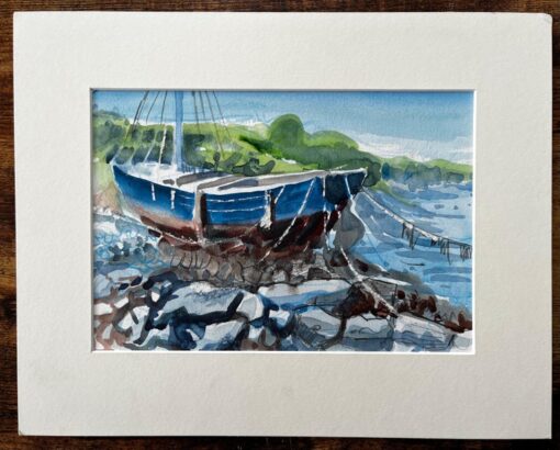 Crete Harbour Beached Fishing Boat Greek Island Scene Mounted Watercolour - Image 2