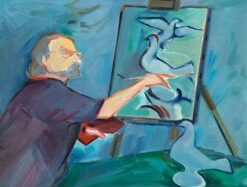 An Artist at Work on a Study of Doves - Contemporary Figurative Oil Painting