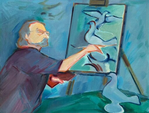 An Artist at Work on a Study of Doves - Contemporary Figurative Oil Painting