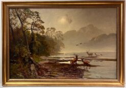 Antique Scottish Oil Painting Highland Stags in Loch Waters under Moonlight