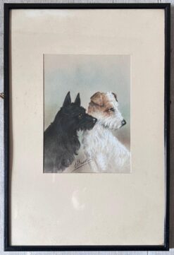 Portrait of Scottish Terrier and Wire Fox Terrier Dog Companions Pastel Drawing