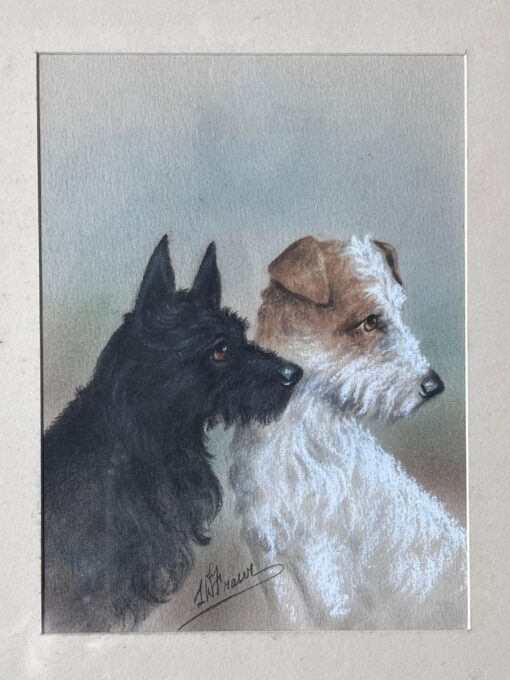 Portrait of Scottish Terrier and Wire Fox Terrier Dog Companions Pastel Drawing - Image 3