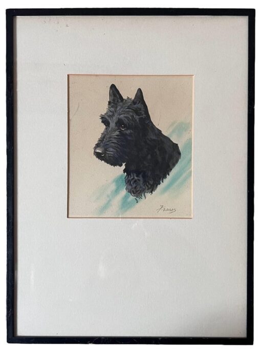 Scottish Terrier Dog Portrait English Vintage Pastel Drawing