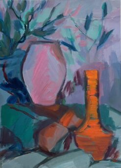 Abstract Still Life with Pink and Orange Vases - Contemporary Oil Painting