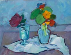 Still Life with Rose and Nasturtiums - Vibrant Contemporary Oil Painting