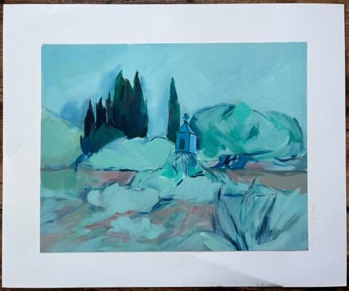 Abstract Landscape with Cypress Trees and Pavilion - Contemporary Oil Painting - Image 2