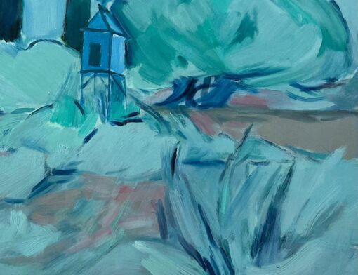 Abstract Landscape with Cypress Trees and Pavilion - Contemporary Oil Painting - Image 5