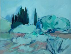 Abstract Landscape with Cypress Trees and Pavilion - Contemporary Oil Painting