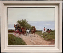 Antique English Signed Oil Painting Coach & Horses Racing to London Huntsman