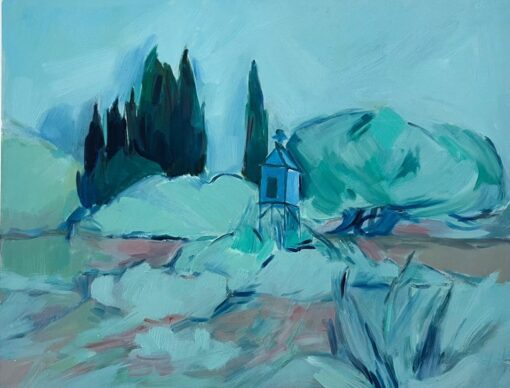 Abstract Landscape with Cypress Trees and Pavilion - Contemporary Oil Painting