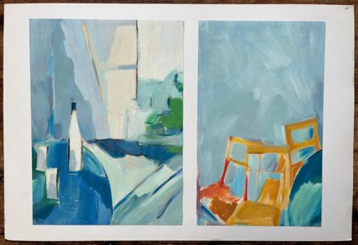 Abstract Diptych: Still Life with Bottle and Chairs - Contemporary Oil Paintings - Image 2