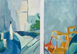 Abstract Diptych: Still Life with Bottle and Chairs - Contemporary Oil Paintings
