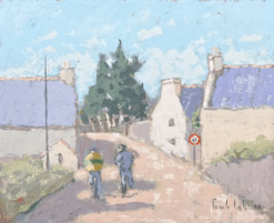 Two Figures Walking Through A Quiet Village Lane French Landscape Oil Painting