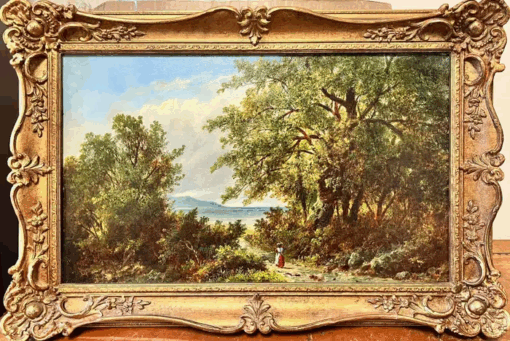 Fine Victorian 1870’s English Oil Painting Lady Walking on Country Path framed