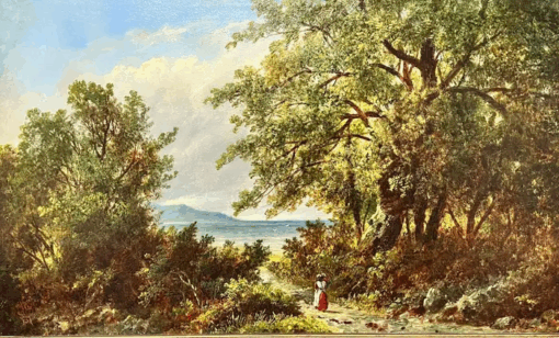Fine Victorian 1870’s English Oil Painting Lady Walking on Country Path framed - Image 2