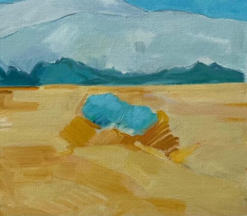 Original Oil Painting of Golden Fields with Distant Mountains and Blue Sky - Image 4