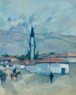 Original Oil Painting of Townscape with Minaret and Figures on Horseback