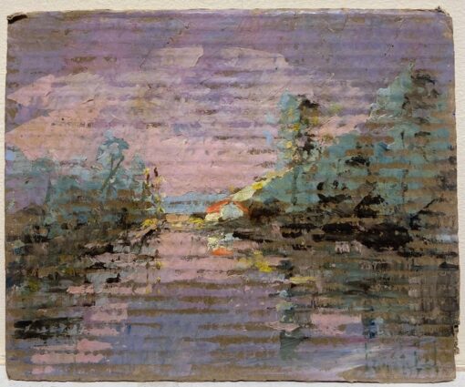 French Impressionist Purple Lakeside Landscape with Red Roof Cottages at Sunset - Image 2
