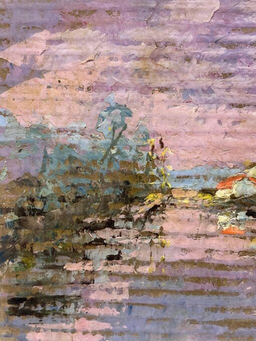 French Impressionist Purple Lakeside Landscape with Red Roof Cottages at Sunset - Image 3