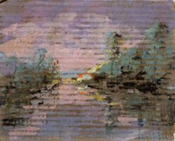 French Impressionist Purple Lakeside Landscape with Red Roof Cottages at Sunset