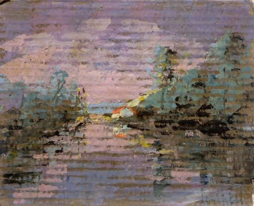 French Impressionist Purple Lakeside Landscape with Red Roof Cottages at Sunset