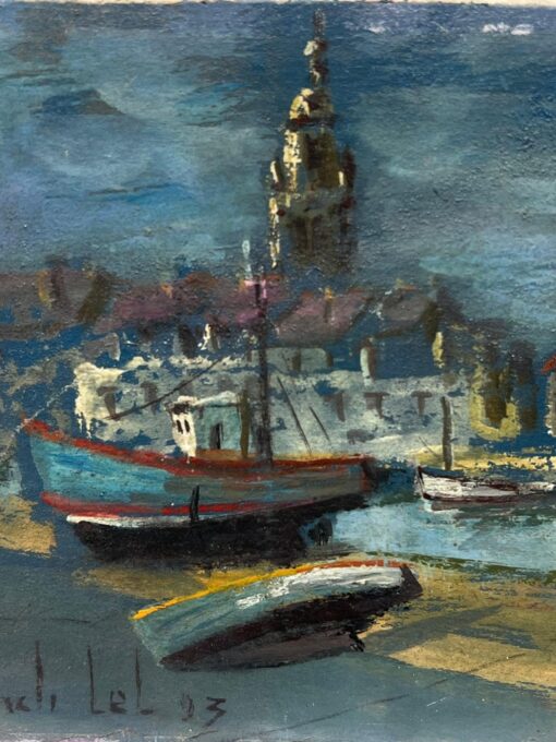 French Impressionist Dark Harbour Scene with Boats and Village Skyline Painting - Image 2