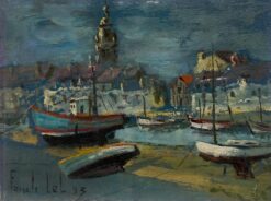 French Impressionist Dark Harbour Scene with Boats and Village Skyline Painting