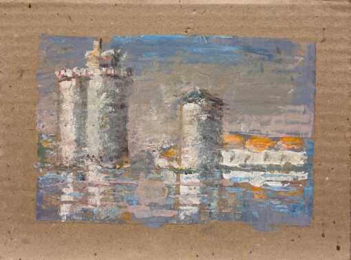 French Impressionist Three Towers with Reflections Oil Painting - Image 2