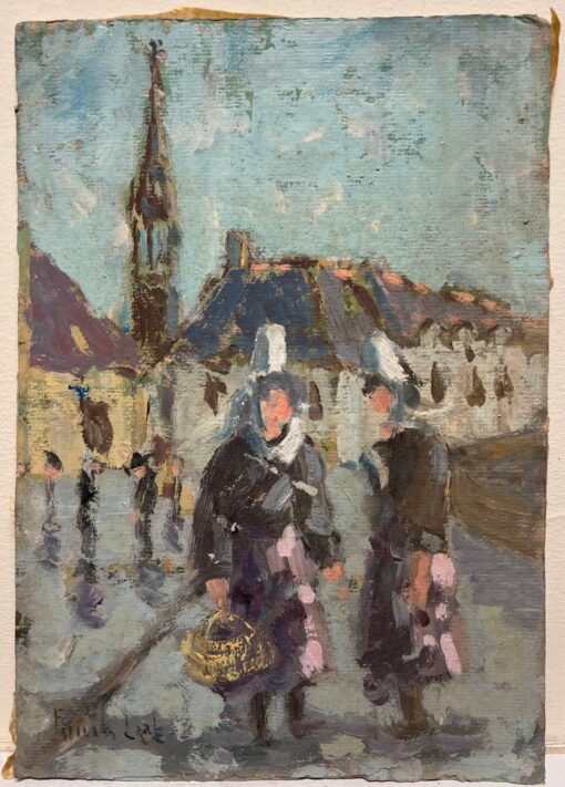 French Impressionist Village Path with Figures in Maid Clothing Oil Painting - Image 2