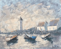 Boats Docked In The Grey Early Morning Harbour French Oil Painting
