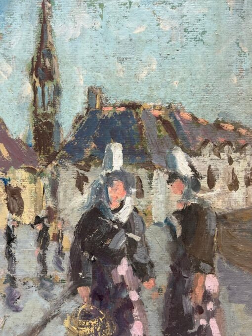 French Impressionist Village Path with Figures in Maid Clothing Oil Painting - Image 6