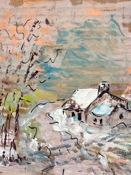 French Impressionist Winter Cottage in Snow Covered Bright Tree Landscape - Image 4