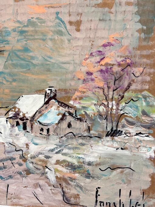 French Impressionist Winter Cottage in Snow Covered Bright Tree Landscape - Image 5