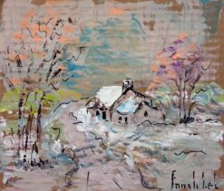 French Impressionist Winter Cottage in Snow Covered Bright Tree Landscape
