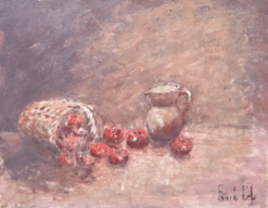 Still Life Red Apples Spilling From Woven Basket and Ceramic Jug Oil Painting