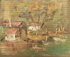 French Impressionist Golden Light Rustic Boats on Still Waters Oil Painting